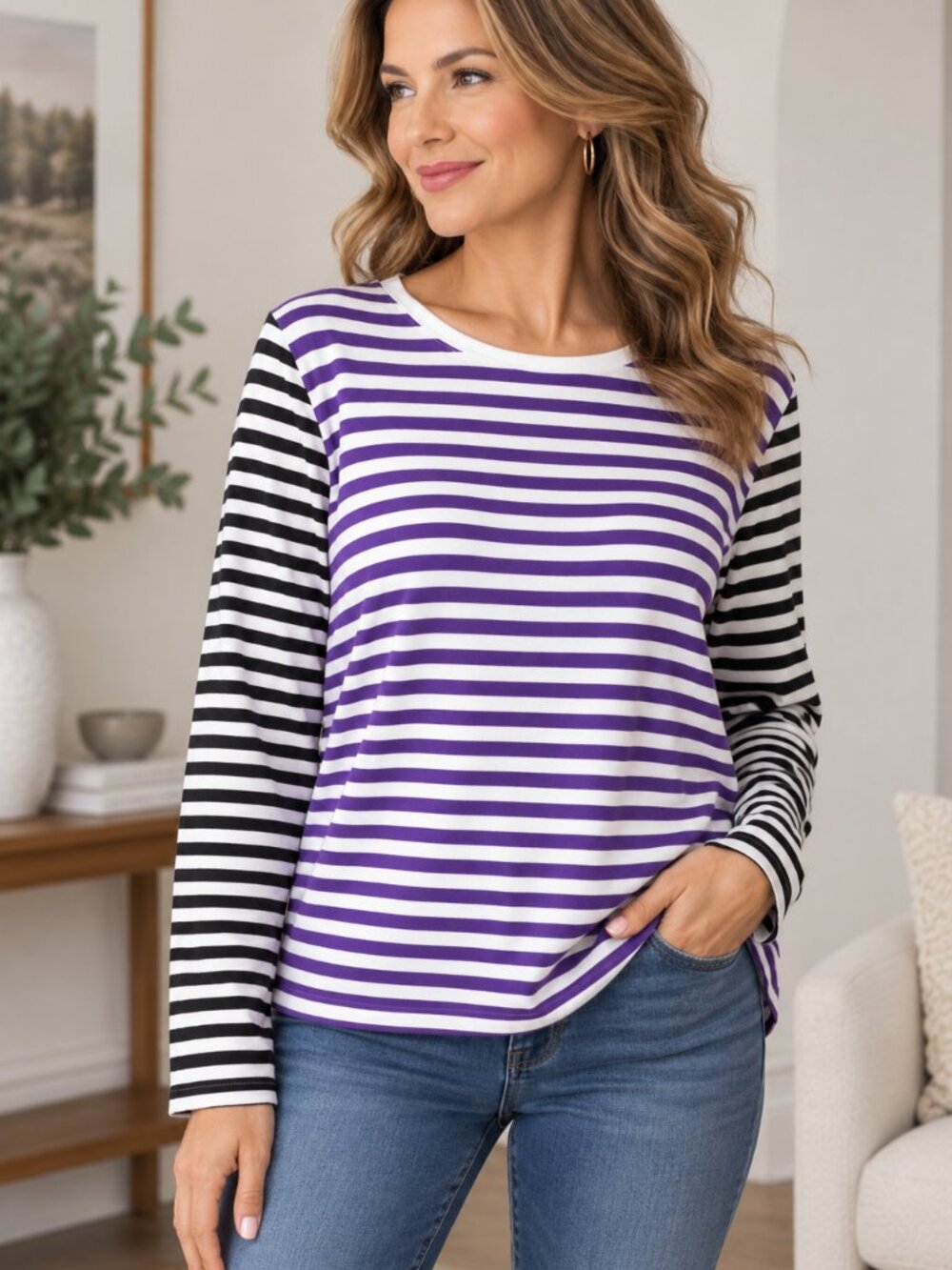 Akris Punto 10 Purple Cream Black Striped Knit Sweater Luxury Designer Preppy